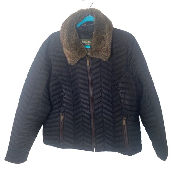 Eddie Bauer Quilted Goose Down Jacket Womens XL Black Detachable Faux Fur Collar - Picture 1 of 14